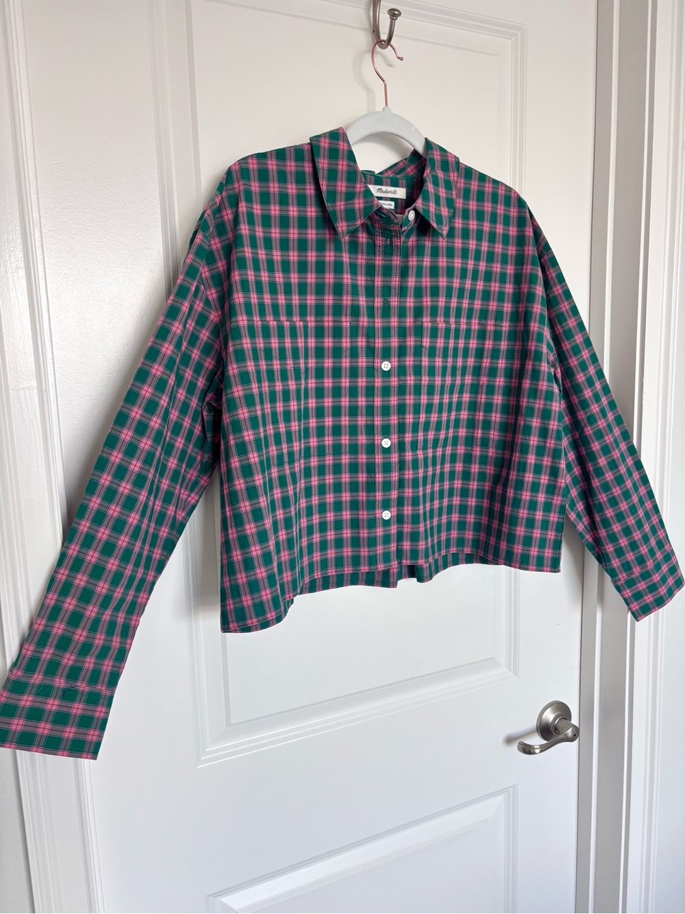 Madewell Oversized Plaid Button Down Shirt Pink Green Cotton Country Small